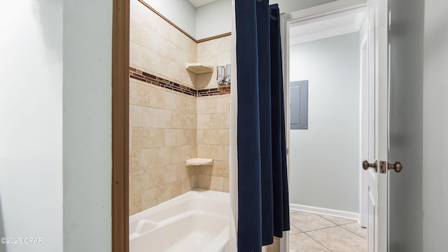 full bath with shower / tub combo, ornamental molding, electric panel, and tile patterned floors