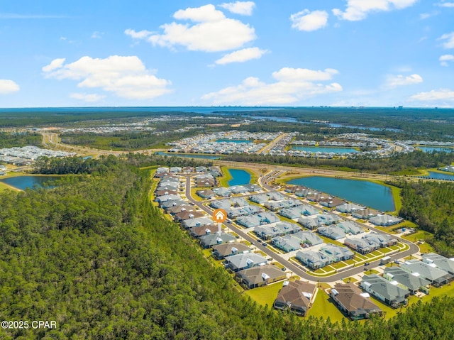 aerial view with a water view and a residential view