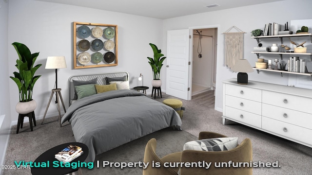 bedroom with carpet, visible vents, and baseboards