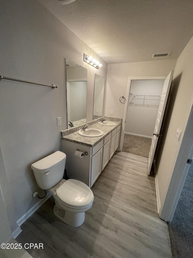 bathroom featuring a textured ceiling, wood finished floors, and a sink