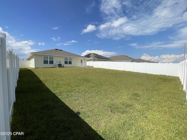 view of yard featuring central AC unit and a fenced backyard