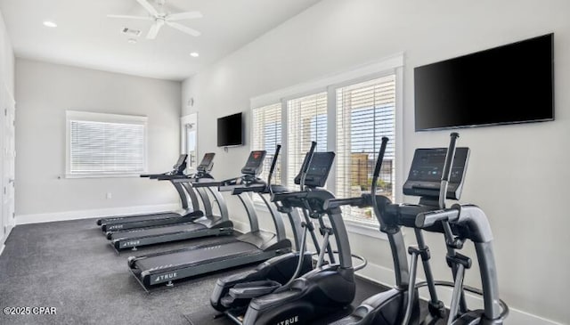 gym featuring a ceiling fan, recessed lighting, visible vents, and baseboards