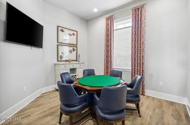 playroom with recessed lighting, light wood-style flooring, and baseboards