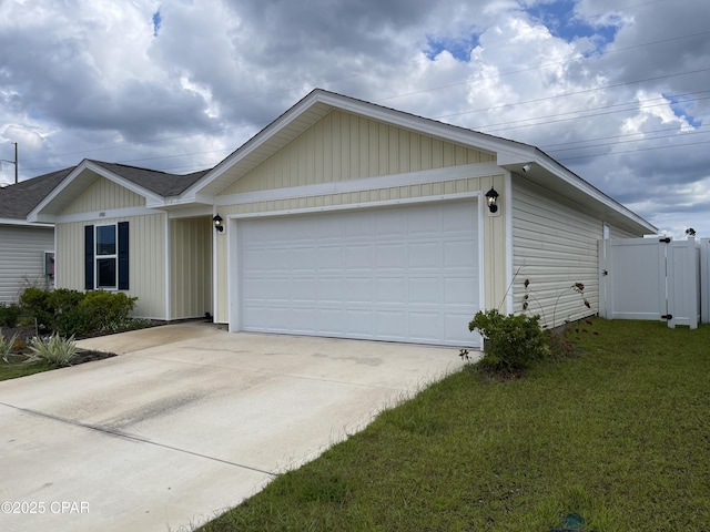 ranch-style house with a garage, a shingled roof, driveway, a gate, and a front yard