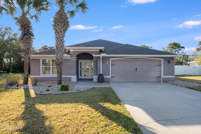 ranch-style house featuring a garage, concrete driveway, stucco siding, fence, and a front yard