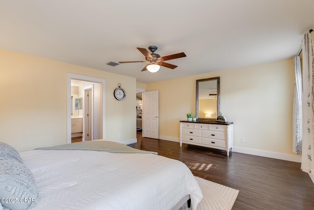 bedroom with baseboards, visible vents, a ceiling fan, connected bathroom, and dark wood-style floors