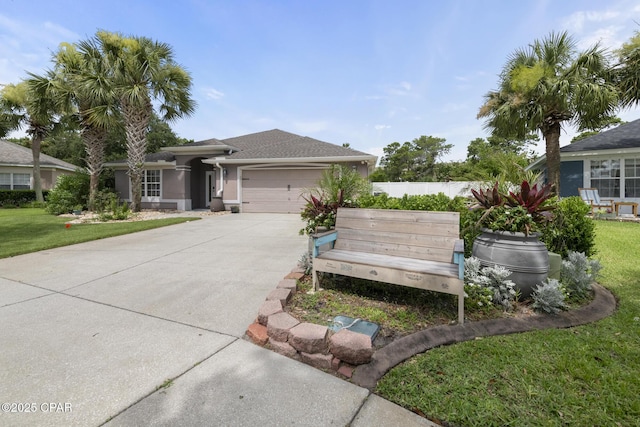 view of front of home featuring driveway, a front lawn, an attached garage, and stucco siding