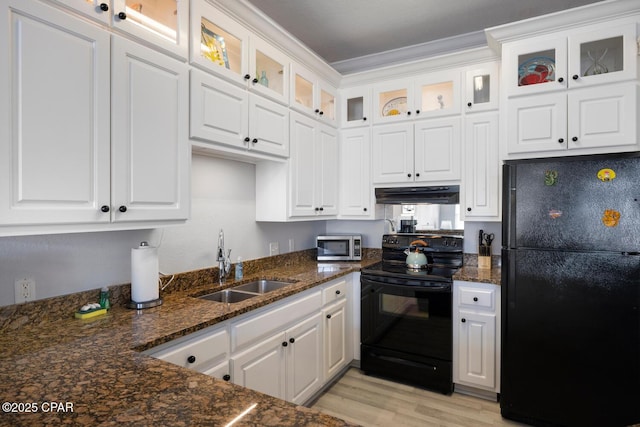 kitchen featuring under cabinet range hood, black appliances, white cabinets, and a sink