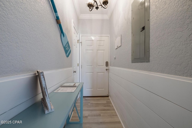 hall featuring electric panel, light wood-style flooring, a textured wall, and ornamental molding