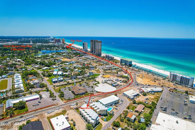 bird's eye view with a water view