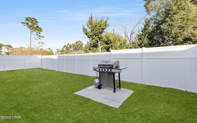 view of yard with a patio area and a fenced backyard