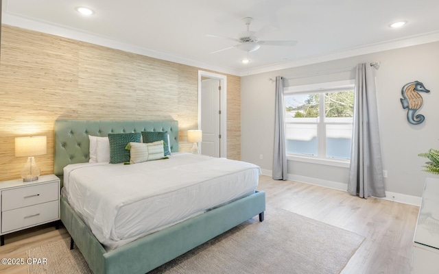 bedroom with light wood finished floors, baseboards, ornamental molding, and recessed lighting