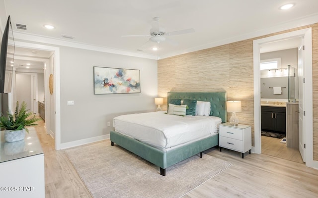 bedroom featuring recessed lighting, visible vents, ornamental molding, light wood-type flooring, and baseboards