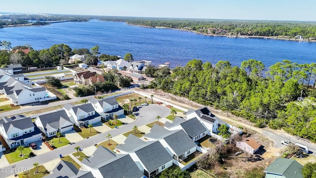 drone / aerial view featuring a water view