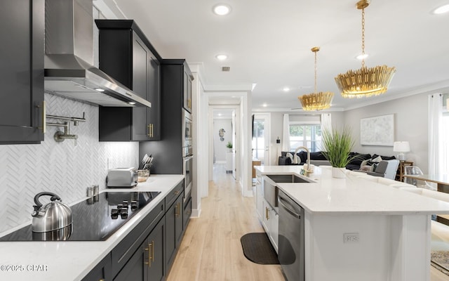 kitchen with black electric stovetop, open floor plan, ornamental molding, stainless steel dishwasher, and wall chimney exhaust hood