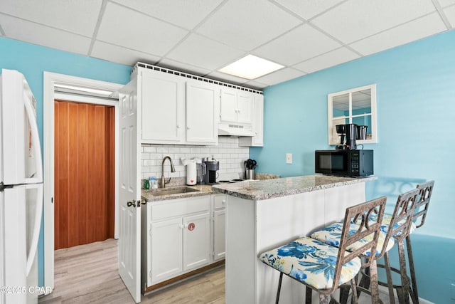 kitchen featuring black microwave, under cabinet range hood, a sink, light wood-style floors, and freestanding refrigerator