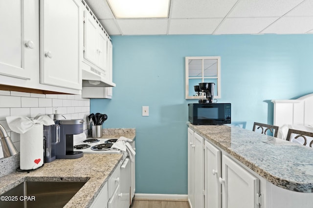 kitchen with black microwave, under cabinet range hood, a sink, white cabinetry, and decorative backsplash