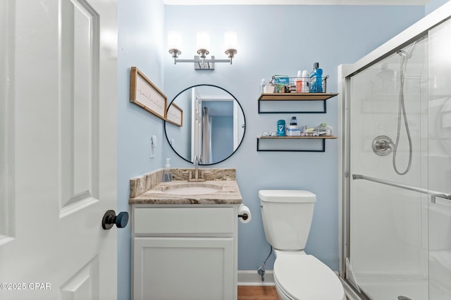 full bathroom featuring toilet, a shower stall, and vanity