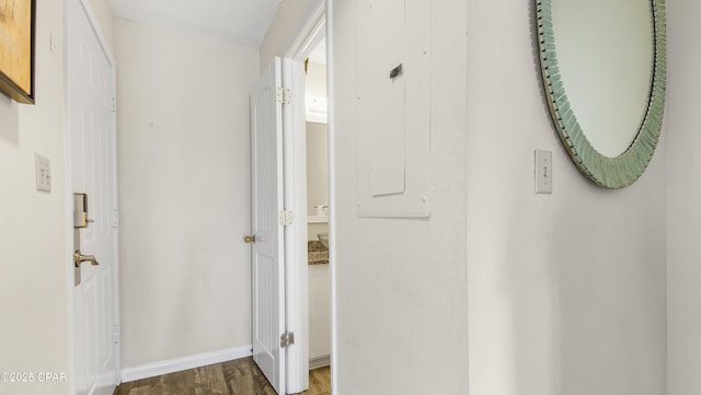 hallway featuring electric panel, baseboards, and wood finished floors