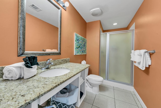 bathroom featuring tile patterned flooring, toilet, vanity, visible vents, and a stall shower