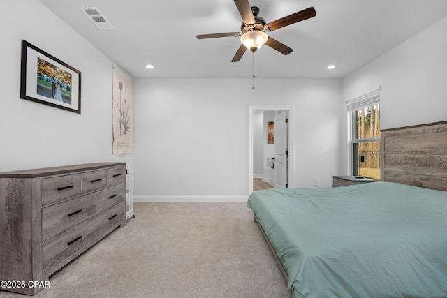 38 Cozy Cv, Freeport, FL 32439 - bedroom with light colored carpet, visible vents, baseboards, and recessed lighting