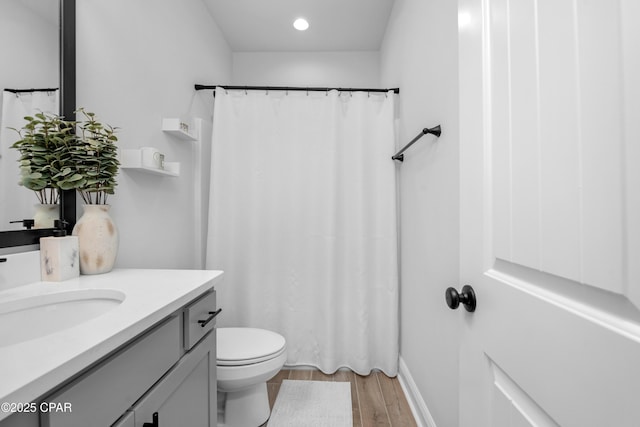 38 Cozy Cv, Freeport, FL 32439 - bathroom with wood finished floors, toilet, vanity, and a shower with curtain
