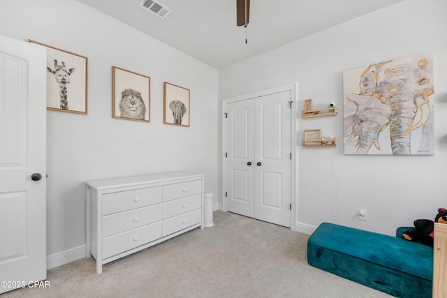 38 Cozy Cv, Freeport, FL 32439 - bedroom featuring light colored carpet, visible vents, a closet, and baseboards