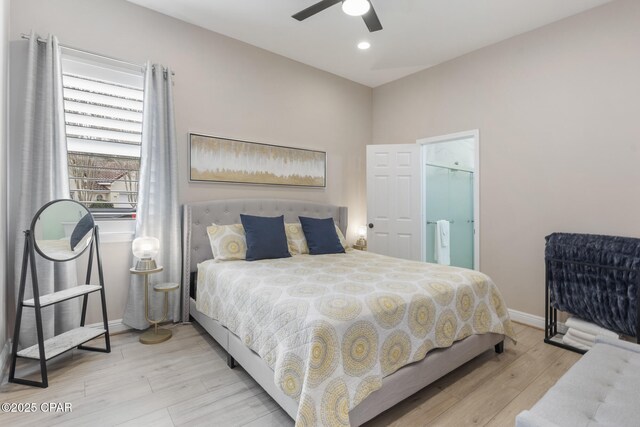 bedroom with recessed lighting, a ceiling fan, baseboards, and wood finished floors