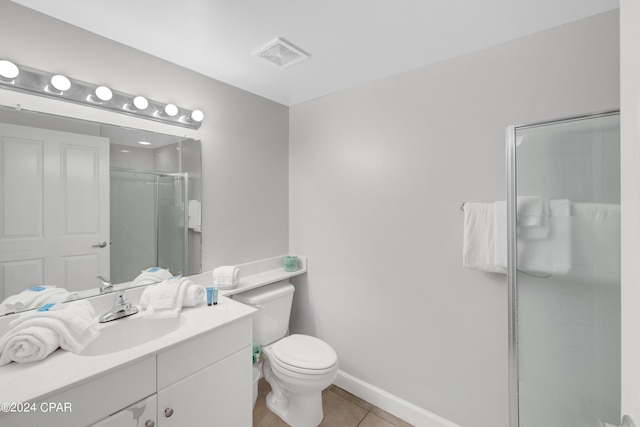 full bathroom featuring visible vents, toilet, a stall shower, vanity, and tile patterned floors