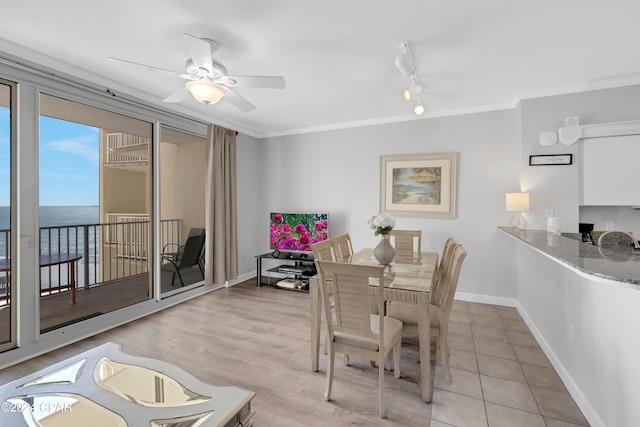 dining space with crown molding, a ceiling fan, light tile patterned flooring, track lighting, and baseboards