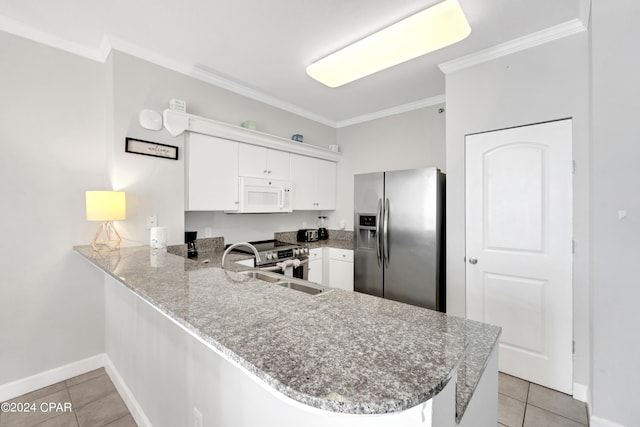 kitchen with a peninsula, white microwave, stainless steel refrigerator with ice dispenser, and crown molding