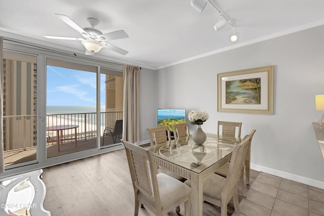 dining room featuring ceiling fan, crown molding, baseboards, light wood-type flooring, and track lighting