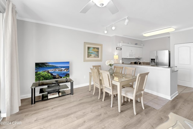 dining space with baseboards, a ceiling fan, ornamental molding, light wood-style floors, and track lighting