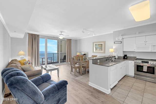 kitchen with ornamental molding, open floor plan, a sink, white appliances, and a peninsula