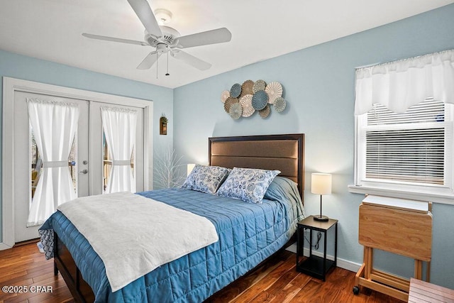 bedroom with french doors, hardwood / wood-style floors, ceiling fan, access to outside, and baseboards