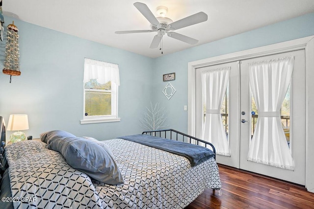 bedroom with access to exterior, french doors, ceiling fan, and wood finished floors