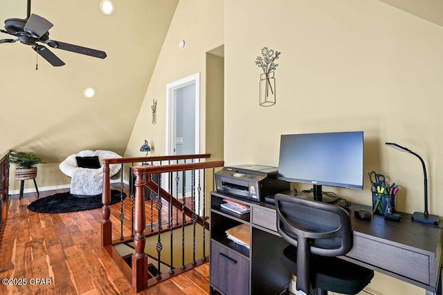 home office featuring lofted ceiling, ceiling fan, recessed lighting, and wood finished floors