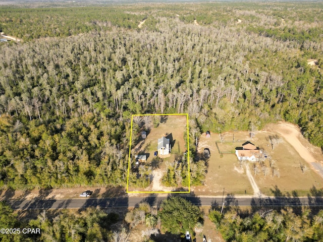 drone / aerial view featuring a view of trees