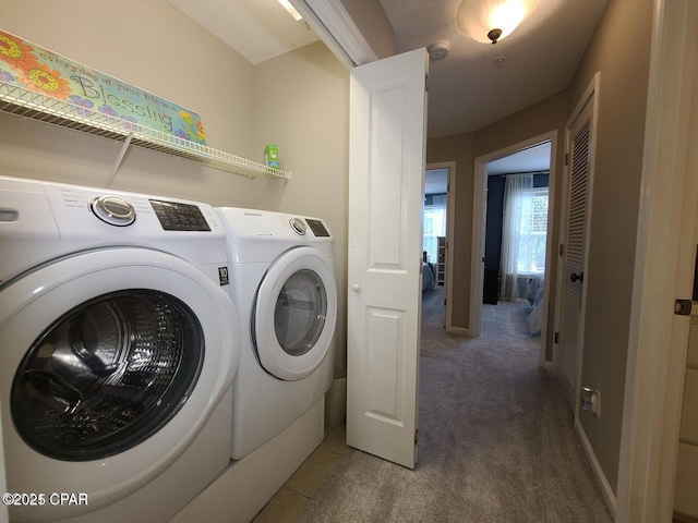 laundry area featuring carpet floors, independent washer and dryer, and laundry area