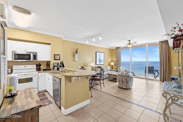 kitchen featuring a peninsula, open floor plan, appliances with stainless steel finishes, a wall of windows, and crown molding