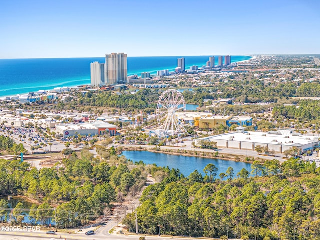 drone / aerial view with a view of city and a water view