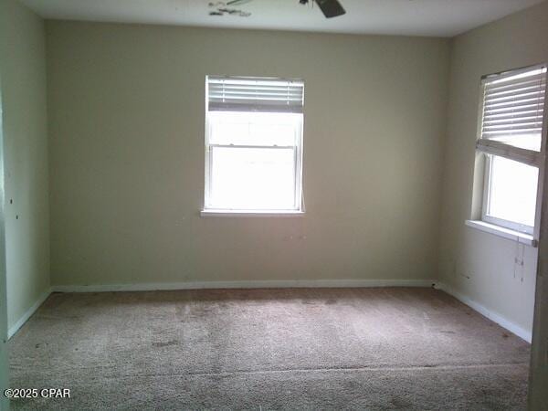 carpeted spare room with ceiling fan and baseboards