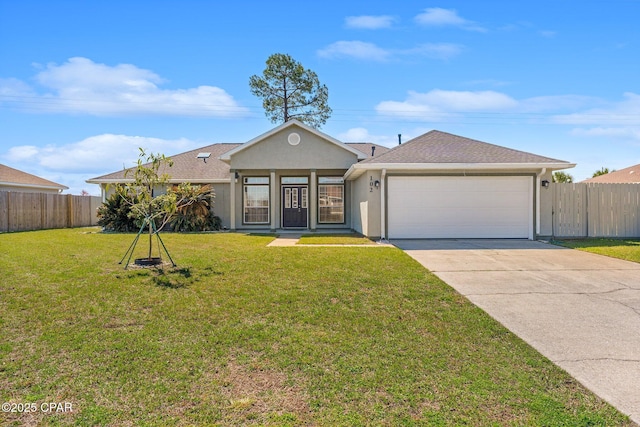 single story home with driveway, a front yard, fence, and stucco siding