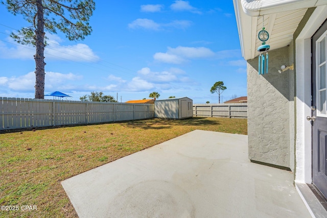 view of yard featuring a storage shed, a patio area, a fenced backyard, and an outbuilding