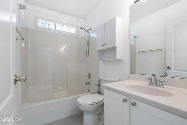 bathroom featuring toilet,  shower combination, and vanity