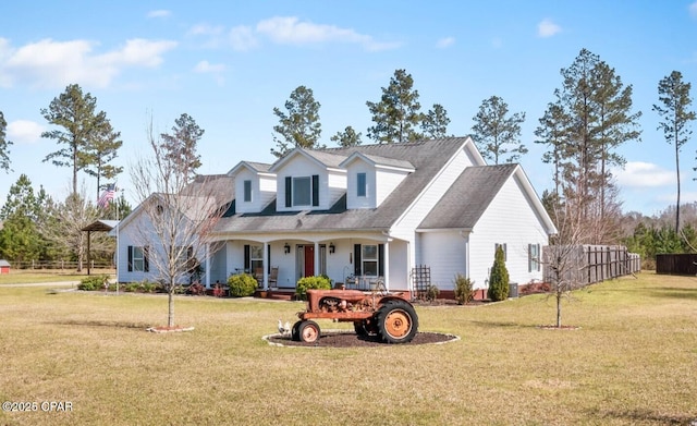 new england style home with covered porch, a front yard, and fence