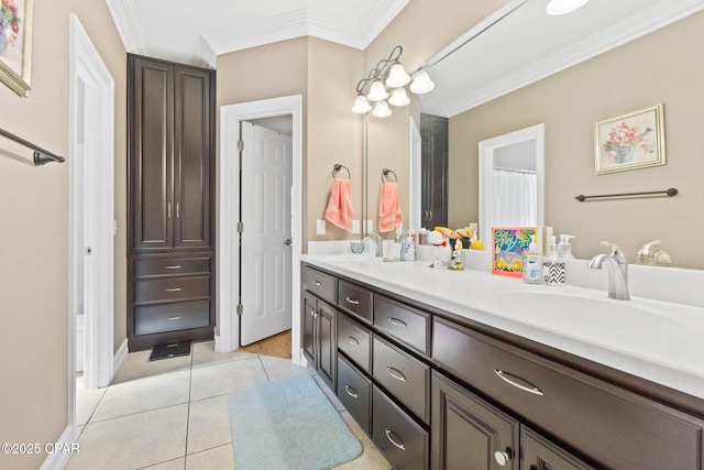 full bath featuring tile patterned flooring, double vanity, ornamental molding, and a sink