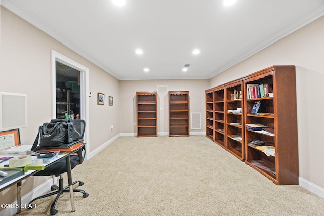 carpeted home office featuring crown molding, recessed lighting, visible vents, and baseboards