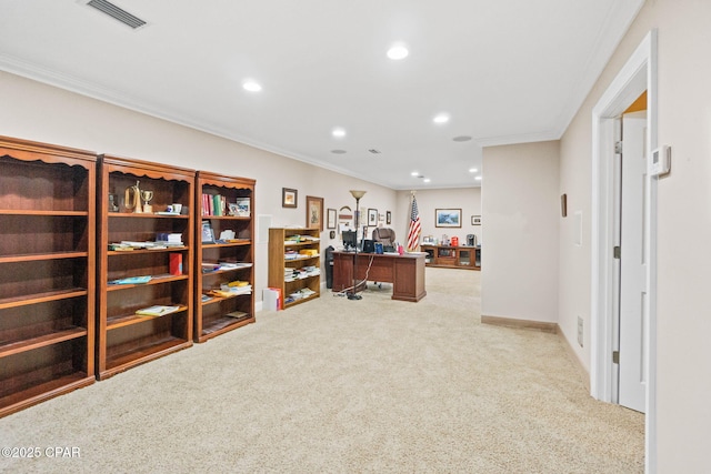 home office with recessed lighting, visible vents, light carpet, and crown molding