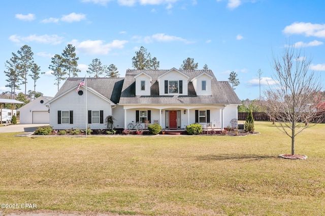 cape cod-style house featuring a porch, a front yard, a detached garage, and roof with shingles